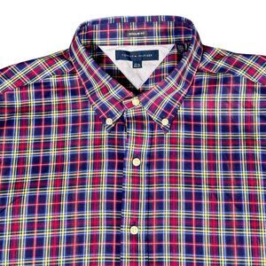 Tommy Hilfiger 17.5 36/37 Button Down Long Sleeve Shirt Cotton Plaid Blue Red L